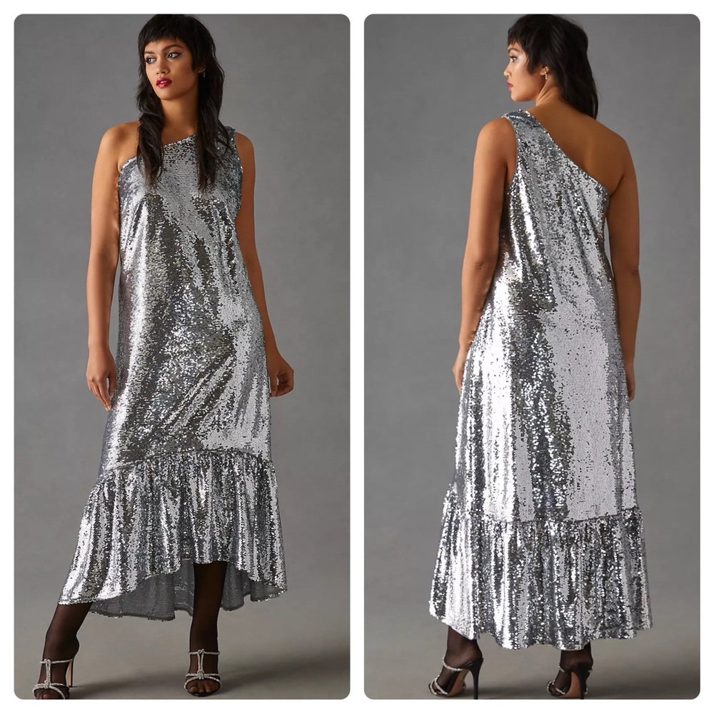 Maeve Silver One-Shoulder Sequin Maxi Dress